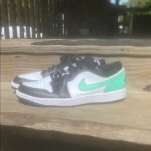 Jordan 1 low top Black and White Sneakers with Green Accents